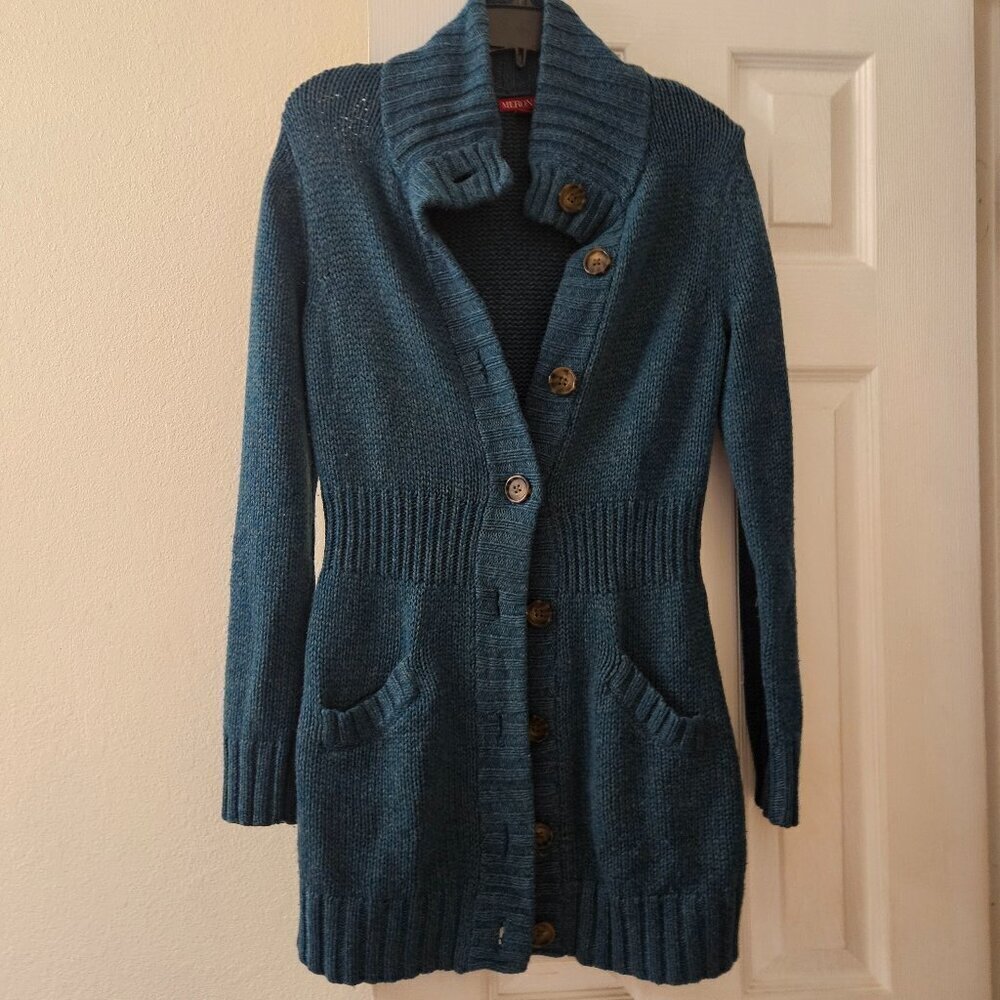 Sonoma blue long line cardigan Granpa Sweater Brown button duster pockets wool M